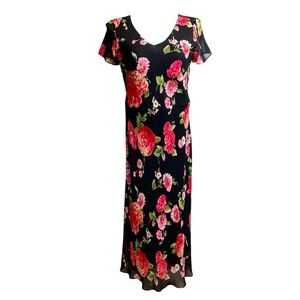 Carol Anderson 1990's Dark Floral Rayon Dress With Ruffle Trim